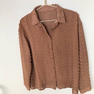 MOCHA brown crepe long sleeve button up blouse chenille polka dots artsy shirt